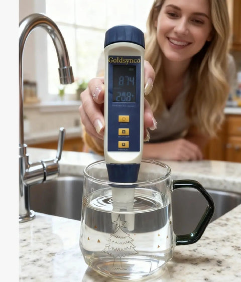 Person using All In One 5 In 1 Water Quality Tester Handheld Digital Meter For pH TDS EC Salinity And Temperature in glass mug.