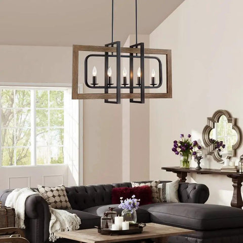 Farmhouse Chandelier Light Fixture With Five Lights In Antique Bronze Oaky Painted Finish Dope Rustic Metal Kitchen Island Pendant Lighting Rod Adjustable Ceiling Fixture For Dining Room And Living Space displayed in a cozy living room.