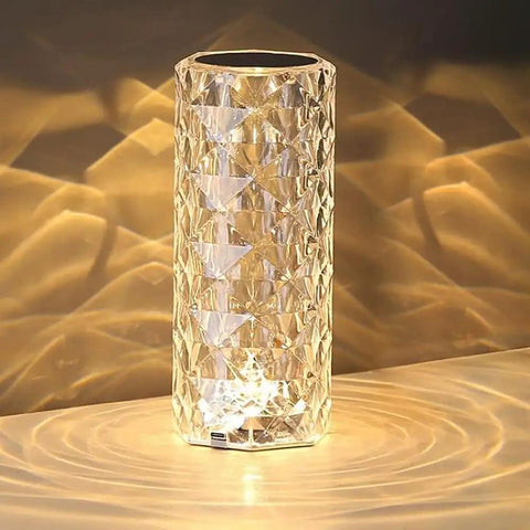 Lit Crystal Diamond Portable Table Lamp with 3 Color Touch Control, glowing diamond pattern on a table