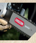 Close-up of chainsaw chain being sharpened, compatible with Tripod Bench Grinder Stand for Chainsaw Chain Sharpening.