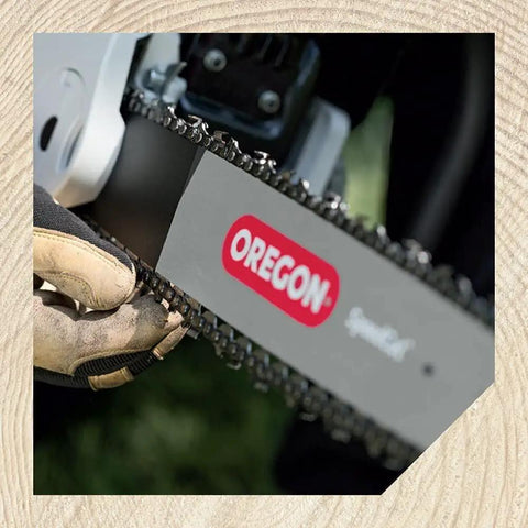 Close-up of chainsaw chain being sharpened, compatible with Tripod Bench Grinder Stand for Chainsaw Chain Sharpening.