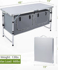 Foldable Camping Table With Storage, aluminum top, 3 height adjustable, ultra portable design, dimensions 48x19x28 inches.
