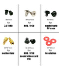 One Stop PC Screw And Mounting Hardware Kit For Builds And Repairs With Chassis Bolts Hard Drive And Fan Screws Mainboard And Power Supply Fasteners Includes Two Capacity Packs For Daily DIY Replacements And Handy Gear For Quick Fixes. assorted PC screws M3 5mm and 6-32 5mm with brass standoffs and red washers for motherboard, HDD, PSU, and insulation