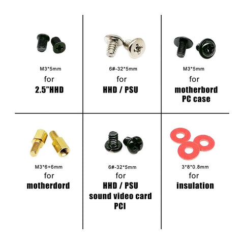 One Stop PC Screw And Mounting Hardware Kit For Builds And Repairs With Chassis Bolts Hard Drive And Fan Screws Mainboard And Power Supply Fasteners Includes Two Capacity Packs For Daily DIY Replacements And Handy Gear For Quick Fixes. assorted PC screws M3 5mm and 6-32 5mm with brass standoffs and red washers for motherboard, HDD, PSU, and insulation