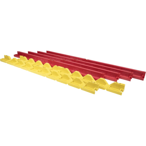Stinga Level Shower Level Kit For Tile And Stone Wall Installations, yellow and red components on white background