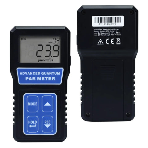 PAR Light Meter for LED Grow Lights with PPFD Data Logging, 400-700nm Range, Ultra Accurate Photosynthesis Readings, Perfect for Indoor Gardening and Aquarium Lighting Intensity Control, front and back view