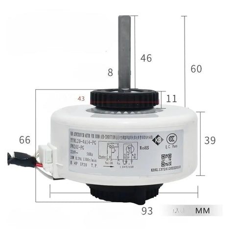 Beefed Up Indoor Unit AC Fan Motor Replacement YYR20-4A8-PG FN20J-PG, white motor with shaft, 93 mm