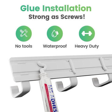 Glue installation of heavy duty wall mounted coat rack set 3 pack with six sturdy hooks for entryway bedroom closet white finish