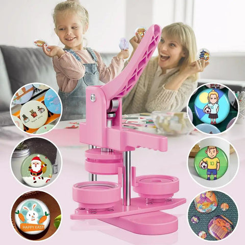 58mm DIY Button Maker Kit With 100 Button Parts And Circle Cutter Pink 2.25 Inch Badge Press Machine shown with custom pins