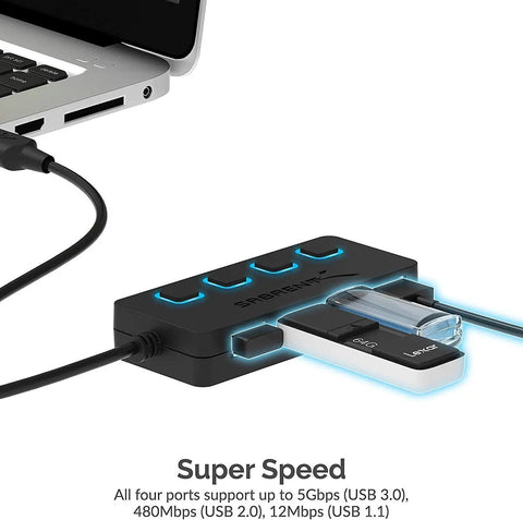 Four Port Powered USB 3.0 Hub With Individual LED Power Switches For Independent On Off Control Supports Up To 5Gbps High Speed Data Transfer Plug And Play Easy Expansion For Desktops Laptops And Notebooks, black USB hub with four glowing ports connected to laptop
