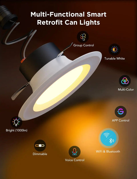 Slick Six Inch Smart Retrofit Recessed Can Lights With Wifi Direct Connect Pushing One Thousand Lumens Fully Dimmable LED downlight detail with controls
