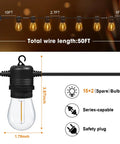 50Ft LED Outdoor String Lights With 16 Shatterproof S14 Replaceable Bulbs 2700K Warm White with dimensions and plug shown