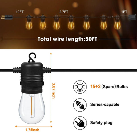 50Ft LED Outdoor String Lights With 16 Shatterproof S14 Replaceable Bulbs 2700K Warm White with dimensions and plug shown
