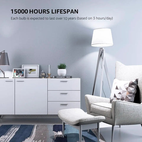 Living room setting with a floor lamp using 100W Equivalent LED Light Bulbs, 14W, 1500 Lumens, 5000K Daylight White.