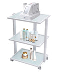 Three Tier Beauty Cart On Wheels With Heavy Duty 330 Lb Capacity All Purpose Rolling Trolley Organizer, iron and glass shelves