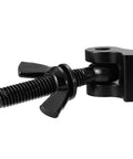 Close-up of black aluminum MFL heavy-duty truss clamp with bolt for 1.5–2.0 in truss.