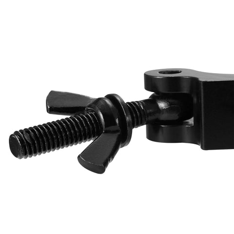 Close-up of black aluminum MFL heavy-duty truss clamp with bolt for 1.5–2.0 in truss.