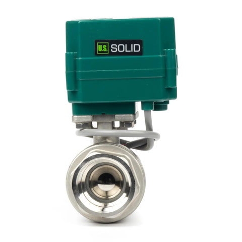 Front view of One And One Quarter Inch Tough As Nails Motorized Ball Valve Made From 304 Stainless Steel Full Port NSF Certified Electric Ball Valve