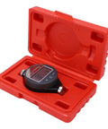 Zero Fluff Digital Shore A Durometer Hardness Tester With Clear LCD Screen For Testing Rubber Tires Silicone And Plastic Firmness in red case.