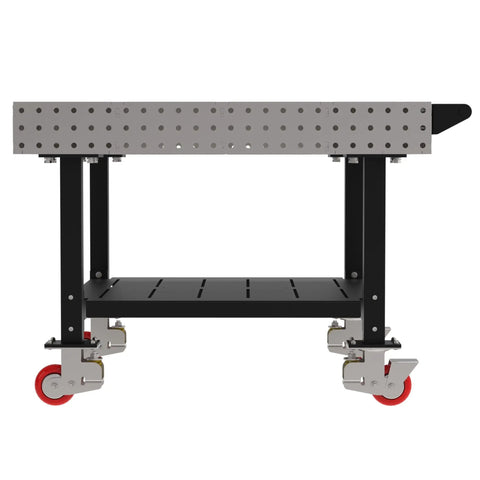 Heavy Duty Welding Fixture Table 48 By 48 By 36 Inches Shop Ready Metalworking Workbench with swivel casters on a black frame.