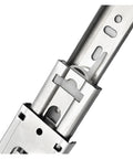 Close-up of stainless steel drawer slide with soft close for 10 to 22 inch cabinets, three section sliding rails.