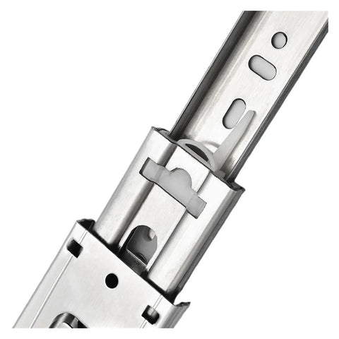 Close-up of stainless steel drawer slide with soft close for 10 to 22 inch cabinets, three section sliding rails.