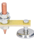 Heavy Duty Adjustable Magnetic Welding Support Clamp With N35 Strong Magnet Terminal Hold For Flat Or Curved Metal Surfaces And Ground Holder Tool. Close-up of metal clamp with copper tip.