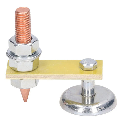 Heavy Duty Adjustable Magnetic Welding Support Clamp With N35 Strong Magnet Terminal Hold For Flat Or Curved Metal Surfaces And Ground Holder Tool. Close-up of metal clamp with copper tip.