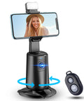 Face Tracking Tripod With 360 Degree Real Time Rotation For Smartphones No App Needed Remote Control And Gesture Sensing Rechargeable Smart Phone Stand For Live Streaming TikTok Photos And Videos Black, showing remote and phone holder