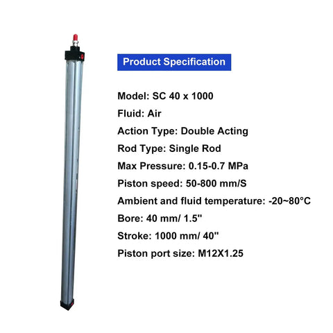 Heavy Duty Air Cylinder Pneumatic Cylinder Aluminum Alloy Double Acting Single Rod Bore 1.5 Inch Stroke 40 Inch Model SC 40 x 1000 specifications