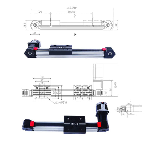 Front and side view of Beefy Belt-Drive Linear Stage For CNC, 300mm Stroke, shown with technical drawings and dimensions.
