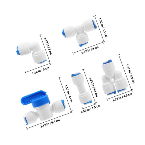 Super Easy Push To Connect White Pom Water Purifier Fittings Kit With 10 Pieces Smooth Hose Connectors No Burrs For Home Filters And Professional Use Super Durable And Quick Install, assorted sizes shown