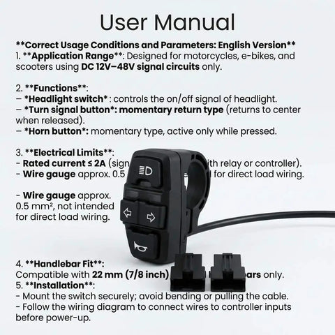 Ride Ready All In One 3 In 1 Motorcycle Handlebar Control Switch With Headlight Turn Signal And Horn Mount on 22mm Handlebars with user manual