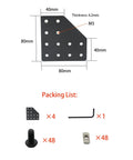 Diagram of Four Sets 2040 Aluminum Extrusion Corner Brackets L Shape 12 Hole Connectors For 6mm T Slot Kit with dimensions