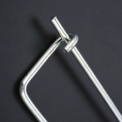 Heavy Duty Steel Brooch Shape Cotter Pins Set Quick Lock Safety Pins Locking Fasteners For Farm Lawn Garden And Hitch Applications 8 Pack 2x45x16mm Zinc Plated Tempered Alloy Steel close-up with pin on black background.