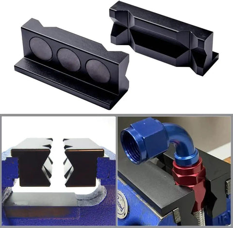 Top Shelf 4 Inch Aluminum Vise Jaw Pads Featuring Hella Strong Magnets And Reversible Design provide zero mark protection with precision grooves.