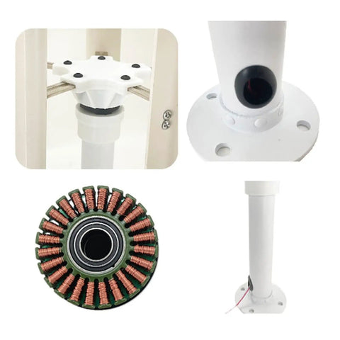 Details of a 35W Vertical Axis Wind Turbine With 5 Blade Portable Breeze Generator, showing component parts and structure.