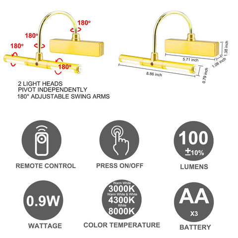 Dope Wireless Battery Powered LED Picture Light With Remote Control Rotatable Heads Three Lighting Modes And Dimmable Timer Display specifications and features.
