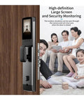 Built Tight Smart Door Lock Featuring Fast Swipe Fingerprint Sensor And Reliable 3D Facial Match For Smooth Wifi App Setup Plus Tough Keypad Access for home security monitoring with a large display.