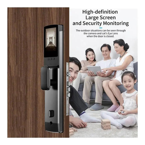 Built Tight Smart Door Lock Featuring Fast Swipe Fingerprint Sensor And Reliable 3D Facial Match For Smooth Wifi App Setup Plus Tough Keypad Access for home security monitoring with a large display.