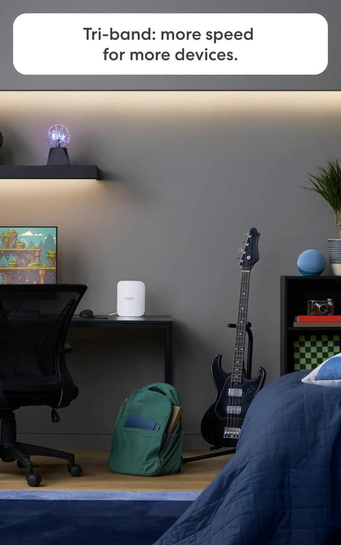 Tri-Band Mesh Wi-Fi 7 Router For Large Homes, Gig Speed 5 Gbps Internet Speeds, 8000 Sq Ft Coverage, 4 Pack on desk