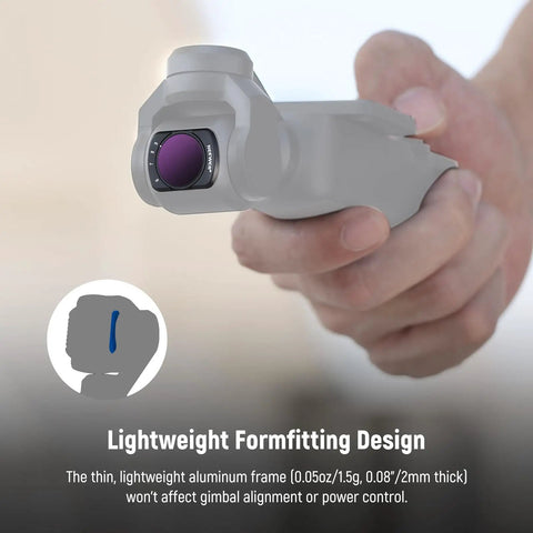 Close-up of hand holding DJI Osmo Pocket with Variable ND Filters 2 To 32 And 64 To 512 Set for cams, shows lightweight design.