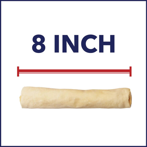 Beefhide Dog Chew Rolls 8 Inch Made In USA Natural Flavor 15 Count Pack Thick Rawhide Treats For Heavy Chewers