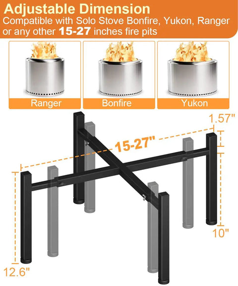 Diagram showcasing Universal Fire Pit Stand For 15 To 27 Inch Pits Adjustable Wing Screws Fits Solo Stove Bonfire Ranger Yukon And Other 15 27 Inch Outdoor Fire Pits Metal Black Durable And Easy Setup Built Tough.