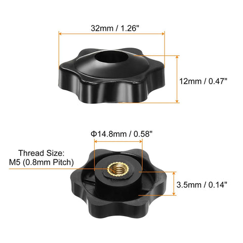 Heavy Duty Knockout Set Of 12 Black Star Knobs With M5 Female Thread 32Mm six point plastic knob showing dimensions and design.