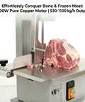 Heavy Duty Commercial Electric Bone Saw With Stainless Steel Table And Eight Replacement Blades 2500W Meat Bandsaw cutting frozen meat on a steel table.