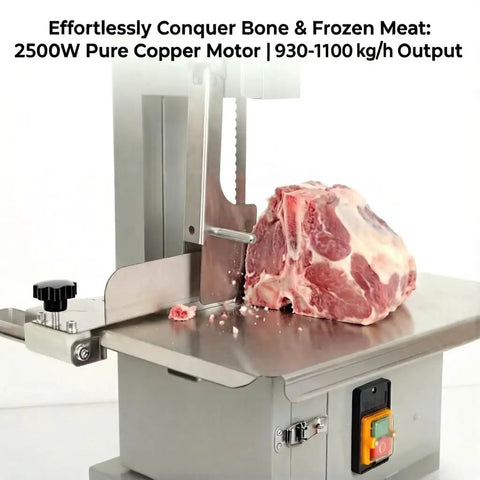 Heavy Duty Commercial Electric Bone Saw With Stainless Steel Table And Eight Replacement Blades 2500W Meat Bandsaw cutting frozen meat on a steel table.