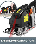 Compact Palm Saw With 3 Amp Motor And 3 3/8 Inch Blade for precise cutting with illuminated laser guide on wood.