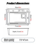 Stainless steel kitchen sink 76 x 50 cm dimensions diagram with 360° swivel faucet and cutting board included.