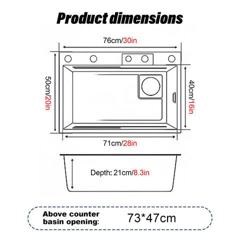 Stainless steel kitchen sink 76 x 50 cm dimensions diagram with 360° swivel faucet and cutting board included.